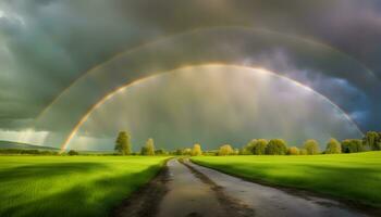 ai generado arco iris terminado un campo con un suciedad la carretera foto