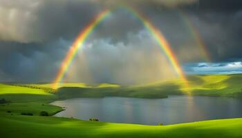 AI generated rainbow over lake and green hills photo