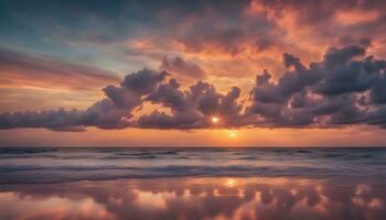 ai generado un hermosa puesta de sol terminado el Oceano con nubes reflejado en el agua foto