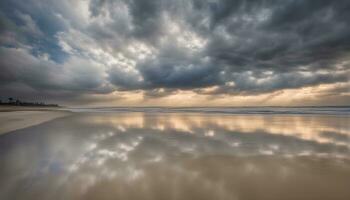ai generado un Tormentoso día en el playa con nubes reflejando en el agua foto