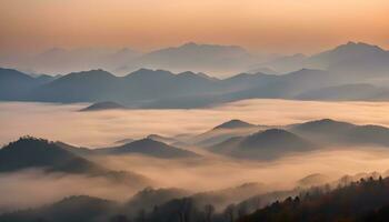 ai generado un ver de montañas cubierto en niebla a amanecer foto