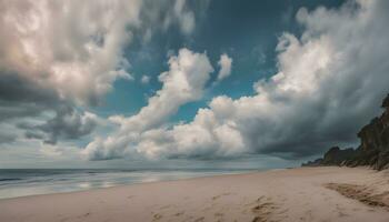 ai generado un playa con nubes y arena debajo un nublado cielo foto