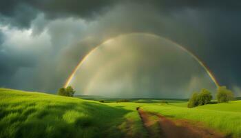 AI generated a rainbow is seen over a field with grass and trees photo