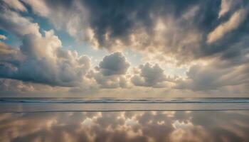 ai generado un hermosa puesta de sol terminado el Oceano con nubes reflejado en el agua foto
