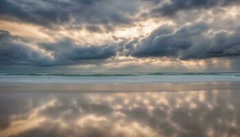 ai generado un Tormentoso cielo terminado el Oceano y olas en un playa foto