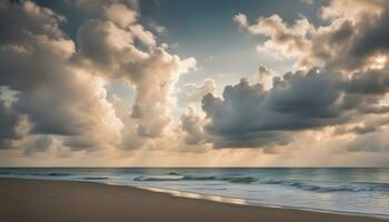 AI generated a beach with clouds and waves on the shore photo