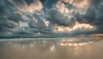 AI generated a beach with clouds and sand under a sunlit sky photo