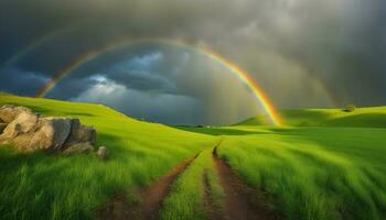 ai generado un arco iris es visto terminado un verde campo con un suciedad la carretera foto