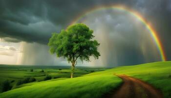 AI generated rainbow over a green field with a lone tree photo