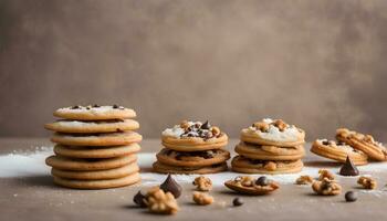 ai generado un apilar de galletas con chocolate papas fritas y nueces foto