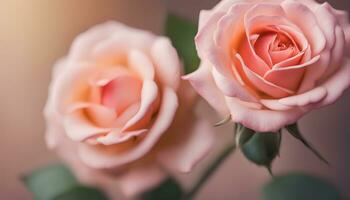 ai generado dos rosado rosas son mostrado en frente de un borroso antecedentes foto