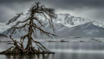 AI generated a lone tree stands in the middle of a lake photo