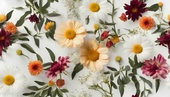 AI generated a white background with many different flowers photo