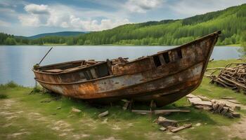 AI generated a rusted boat on the shore of a lake photo
