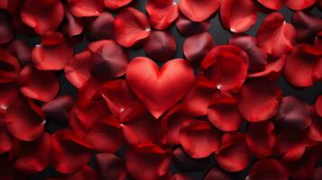 AI generated Abstract red rose petals in heart shape background, Valentine's wallpaper concept, top view photo