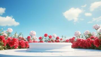 ai generado vacío blanco redondo podio en rojo degradado rosas jardín y verano azul cielo antecedentes para cosmético producto presentación, San Valentín día concepto foto