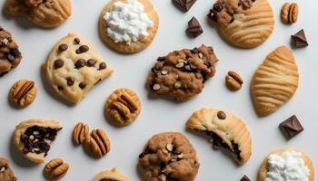 AI generated various cookies and chocolate chips arranged on a white surface photo