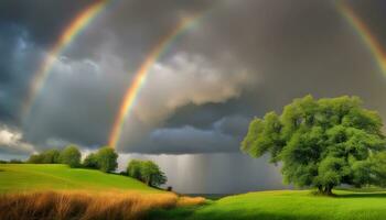 AI generated rainbow over the field photo