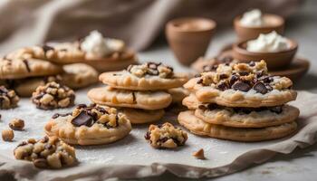 ai generado chocolate chip galletas con nueces y crema foto