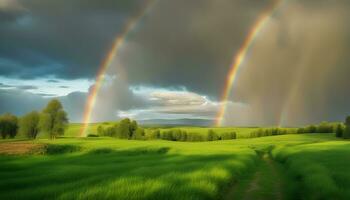 AI generated a rainbow over a green field with trees and grass photo