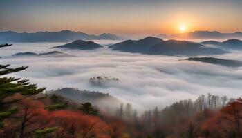 ai generado el Dom sube terminado el nubes en el montañas foto