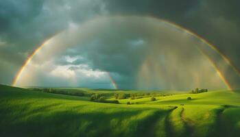 AI generated rainbow over green field with trees and grass photo