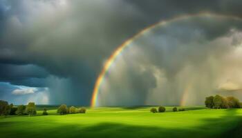 AI generated rainbow over green field with trees and grass photo