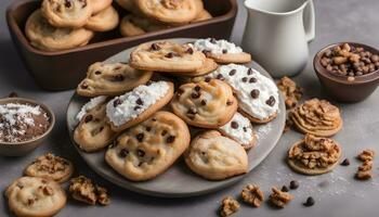 ai generado chocolate chip galletas en un plato con Leche y otro ingredientes foto