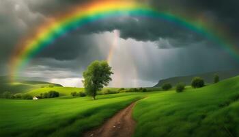 AI generated rainbow over green field with dirt road photo