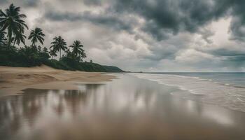 ai generado un playa con palma arboles y tormenta nubes foto