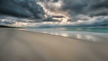 AI generated a long exposure photograph of a beach under stormy skies photo