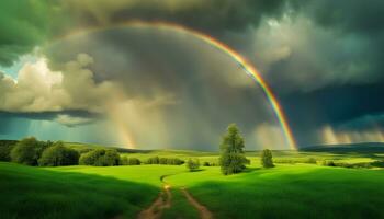 AI generated rainbow over green field with trees and grass photo