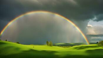 AI generated rainbow over green grass and trees photo