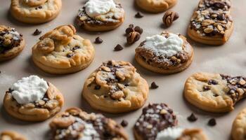 ai generado chocolate chip galletas con Malvaviscos y nueces foto