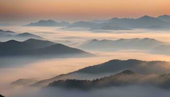 AI generated a view of mountains covered in fog at sunset photo