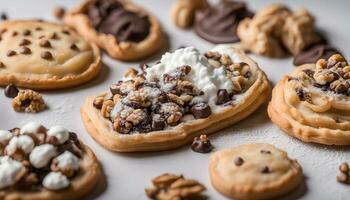 ai generado chocolate chip galletas con crema queso y nueces foto