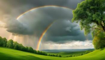 AI generated rainbow over green grass and trees photo