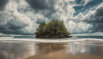 AI generated a lone tree on a sandy beach under a cloudy sky photo