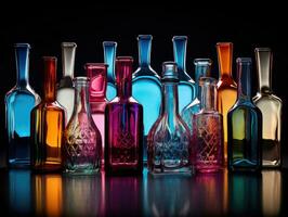 AI generated Bottles for perfumes and cosmetics, different colors and sizes. Mockup photo