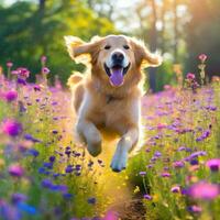 AI generated Beautiful Golden Retriever Running Through Bright Flower Meadow photo