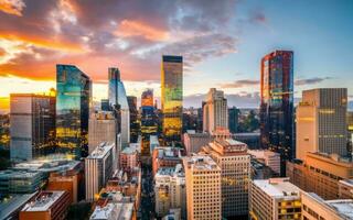 AI generated Modern city with high-rise buildings against the backdrop of sunset and reflection in the water photo