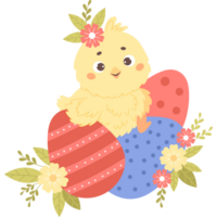 little chick with Easter eggs and flowers png