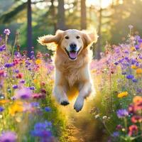 AI generated Beautiful Golden Retriever Running Through Bright Flower Meadow photo