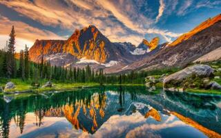 AI generated Mountain landscape, forest stones and lake with reflection photo