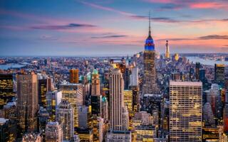 AI generated Modern city with high-rise buildings against the backdrop of sunset and reflection in the water photo