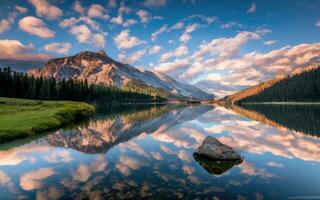 AI generated Mountain landscape, forest stones and lake with reflection photo