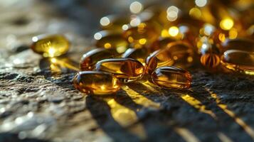 AI generated Golden fish oil capsules on a textured surface with warm light accents photo