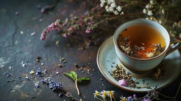 ai generado aromático herbario té en un rústico cerámico taza con dispersado flores foto