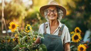 AI generated Joyful gardener with blooming sunflowers photo