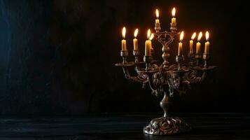 AI generated Vintage candelabra with lit candles against a dark backdrop photo
